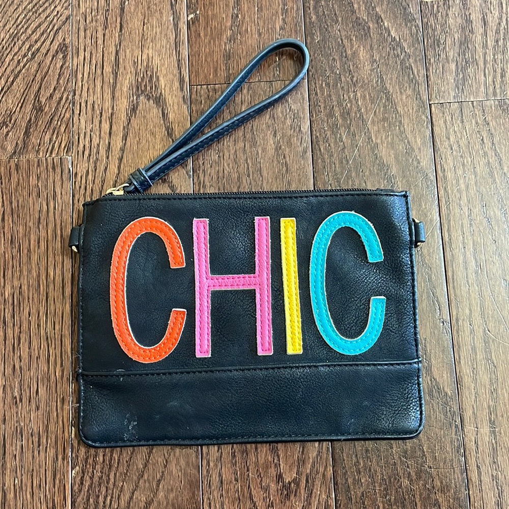 Imoshion black faux leather clutch with CHIC lettering